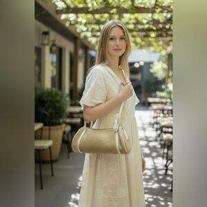 Cole Haan Small Woven Straw & White Leather Trim Barrel Bag Y2K Shoulder Bag